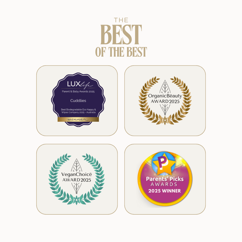Cuddlies Wins Awards for best eco nappy and wipes company, Eco Choice Award, Organic Beauty Award, Vegan Choice Award and Parents' Picks Award