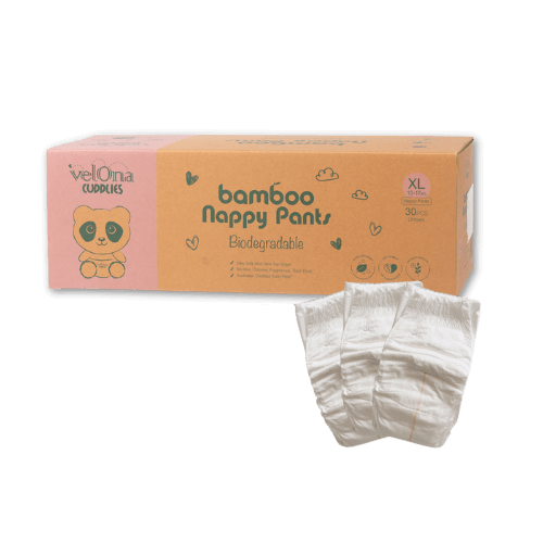 Cuddlies bamboo eco size 5 nappy pants – biodegradable, ultra-absorbent pull-up nappies for newborns to toddlers, available online and at Woolworths