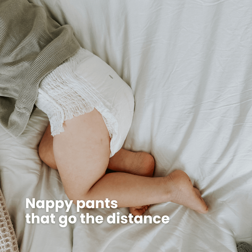 Cuddlies Size 5 nappy pants on baby – gentle on skin and great for active little ones