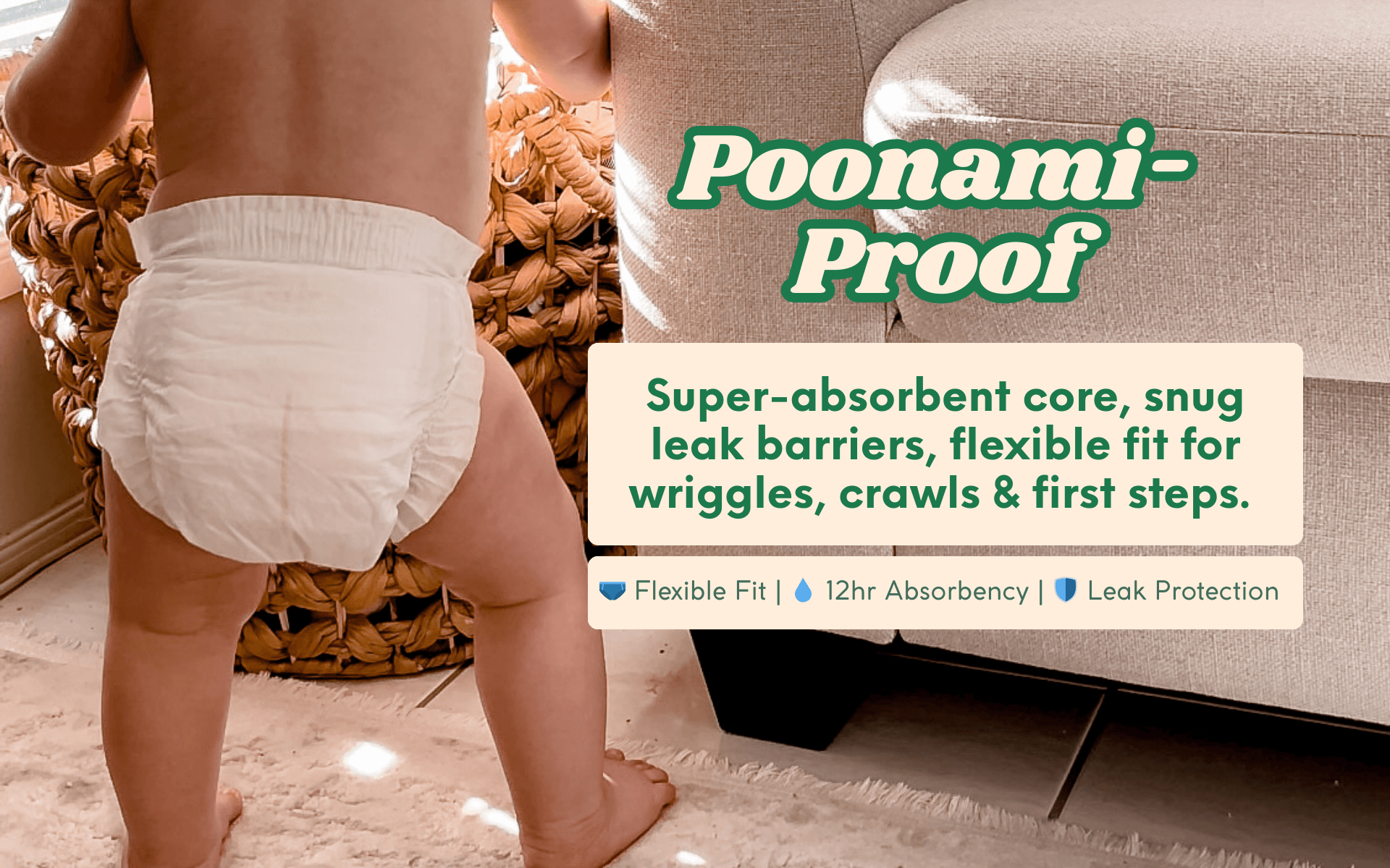 Baby in a diaper with promotional text about Poonami-Proof Cuddlies diapers.