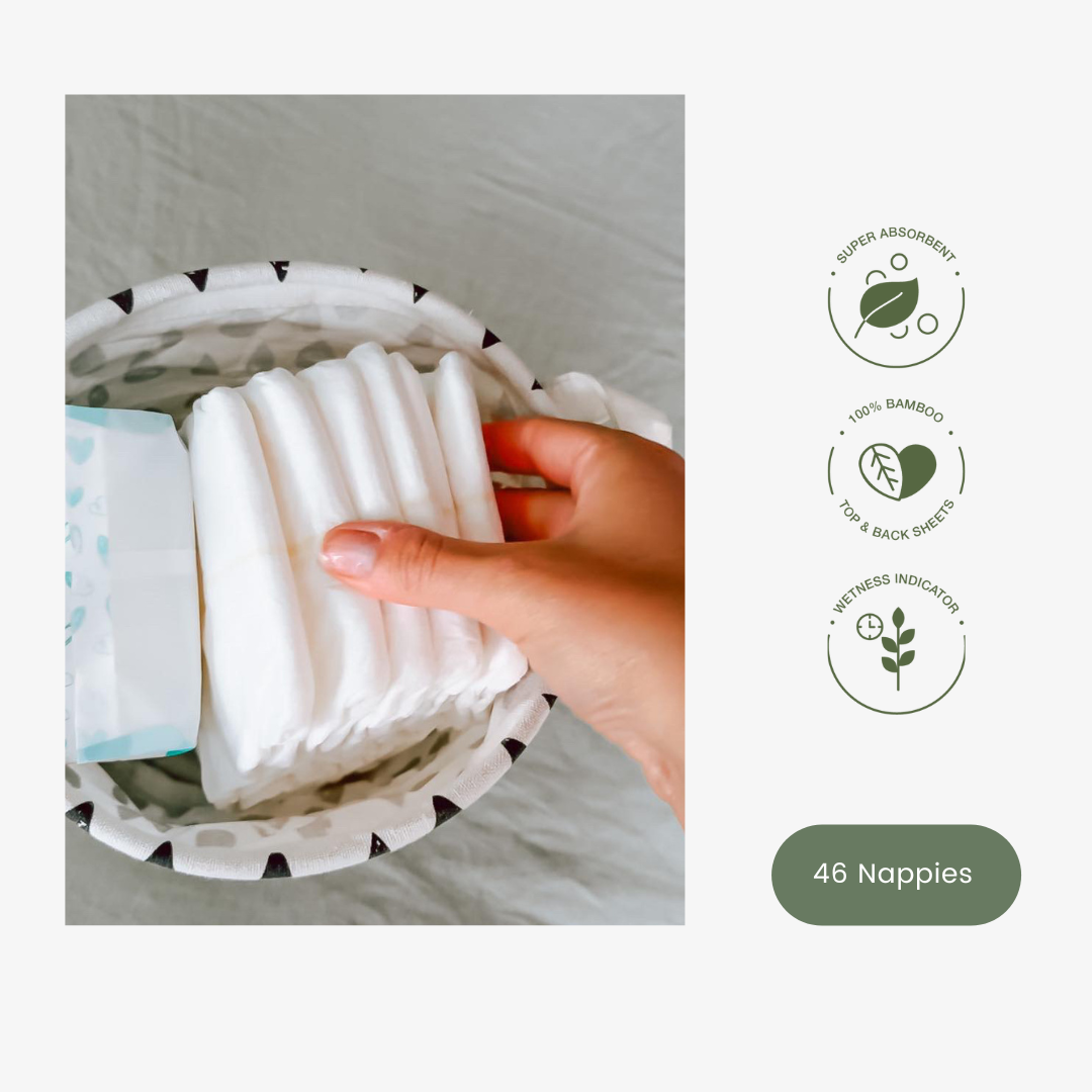 Cuddlies Eco friendly nappies in basket for premature premmie babies