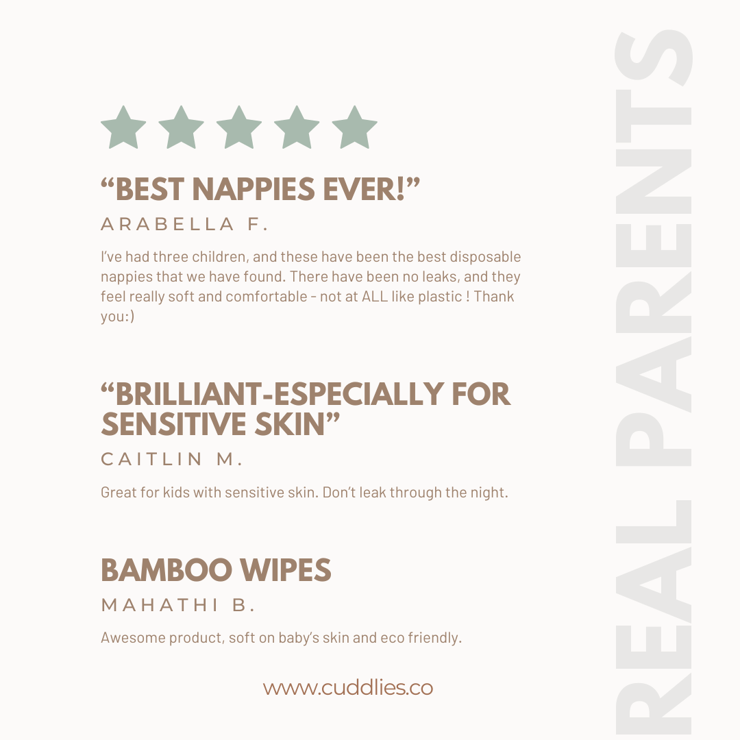 Customer reviews for Cuddlies bamboo nappies and water wipes - loved by parents for softness, absorbency, and skin-friendly care