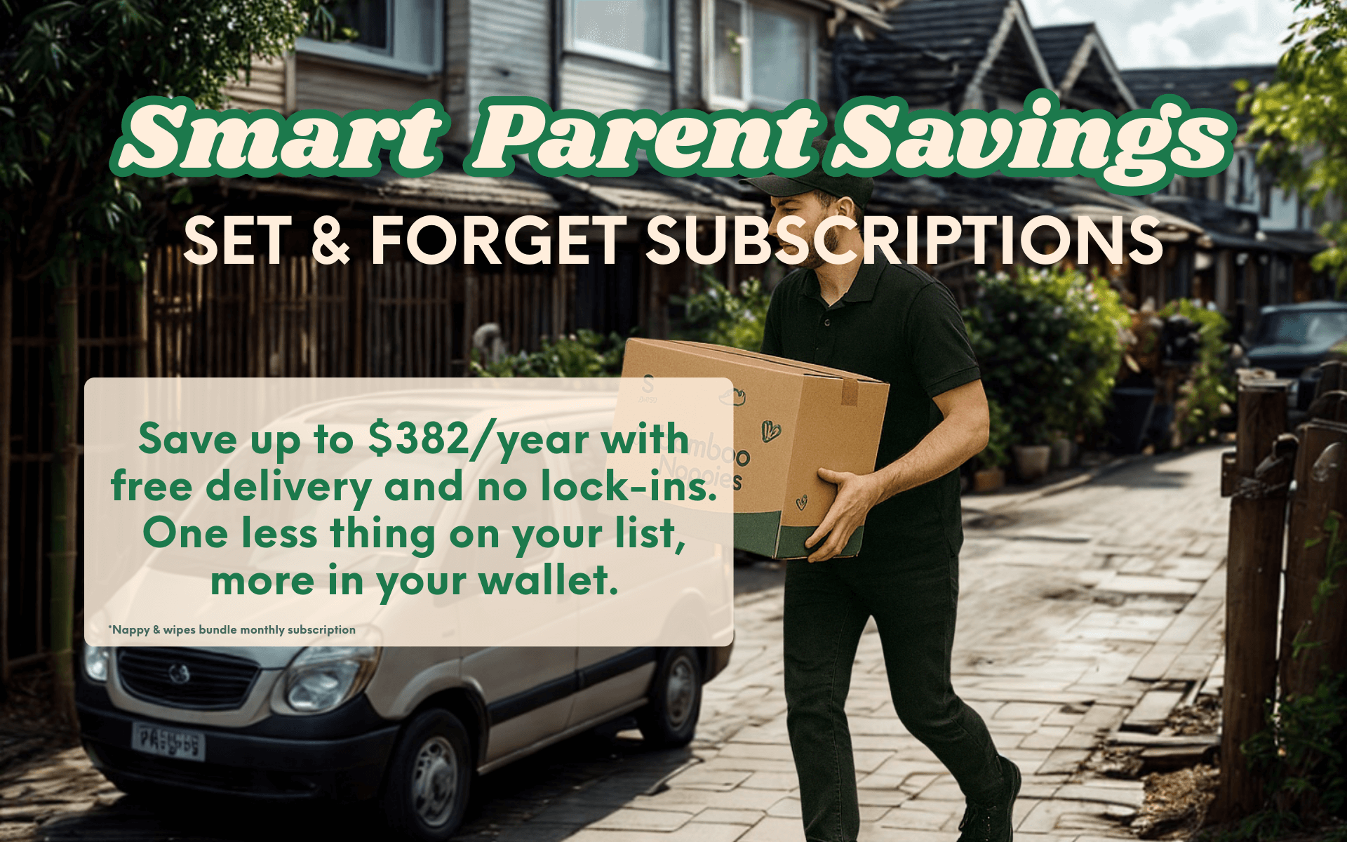 Cuddlies Nappy delivery box with text overlay about smart parent savings and subscriptions.