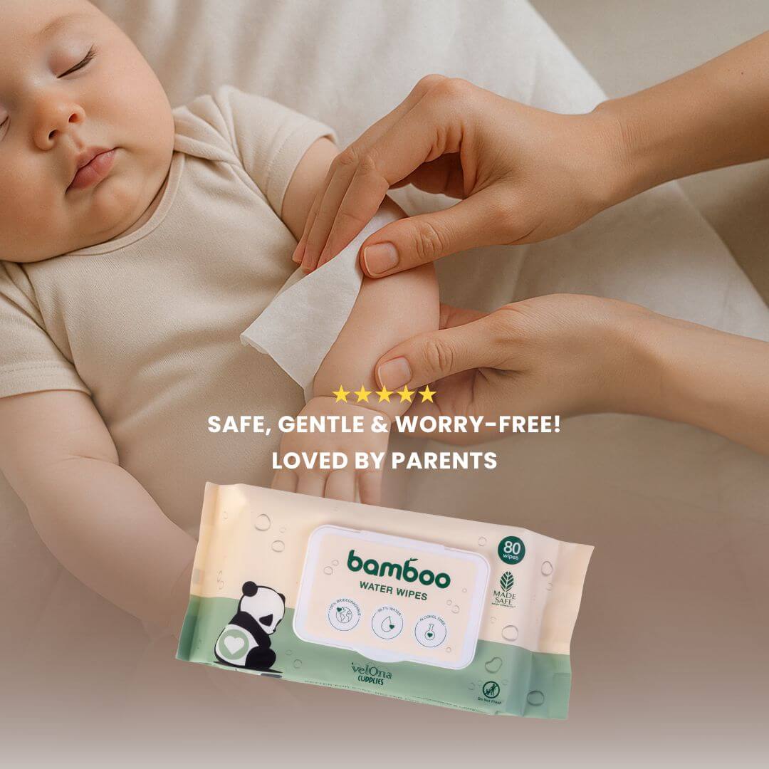 Mum gently wiping baby’s hands with Cuddlies bamboo baby wipes – safe, soft, and hypoallergenic