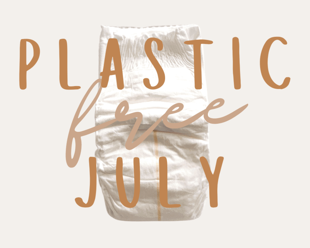Plastic Free July message with Cuddlies nappy in background – promoting zero-waste baby care with eco nappies
