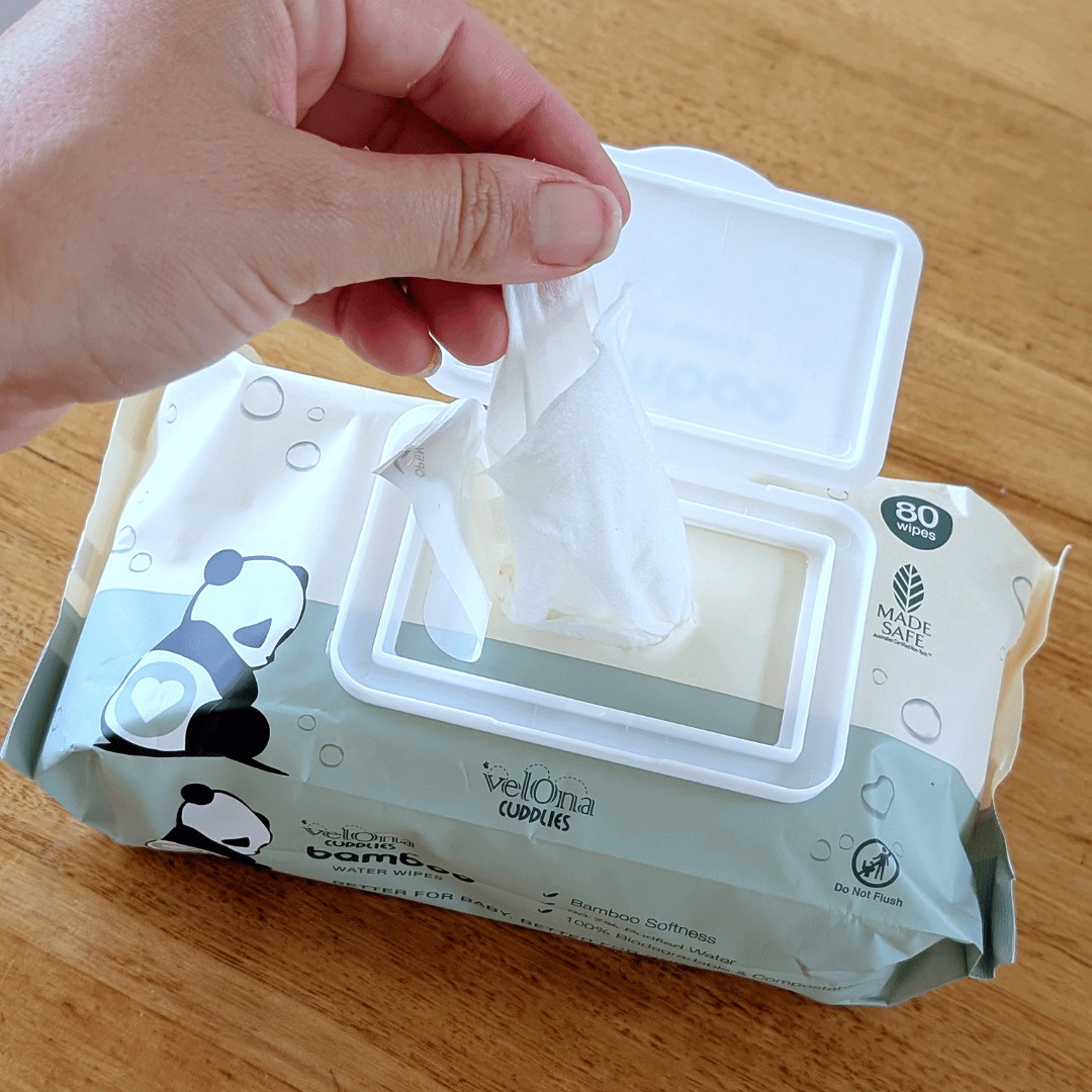 Cuddlies Bamboo Water Wipes open pack with resealable lid