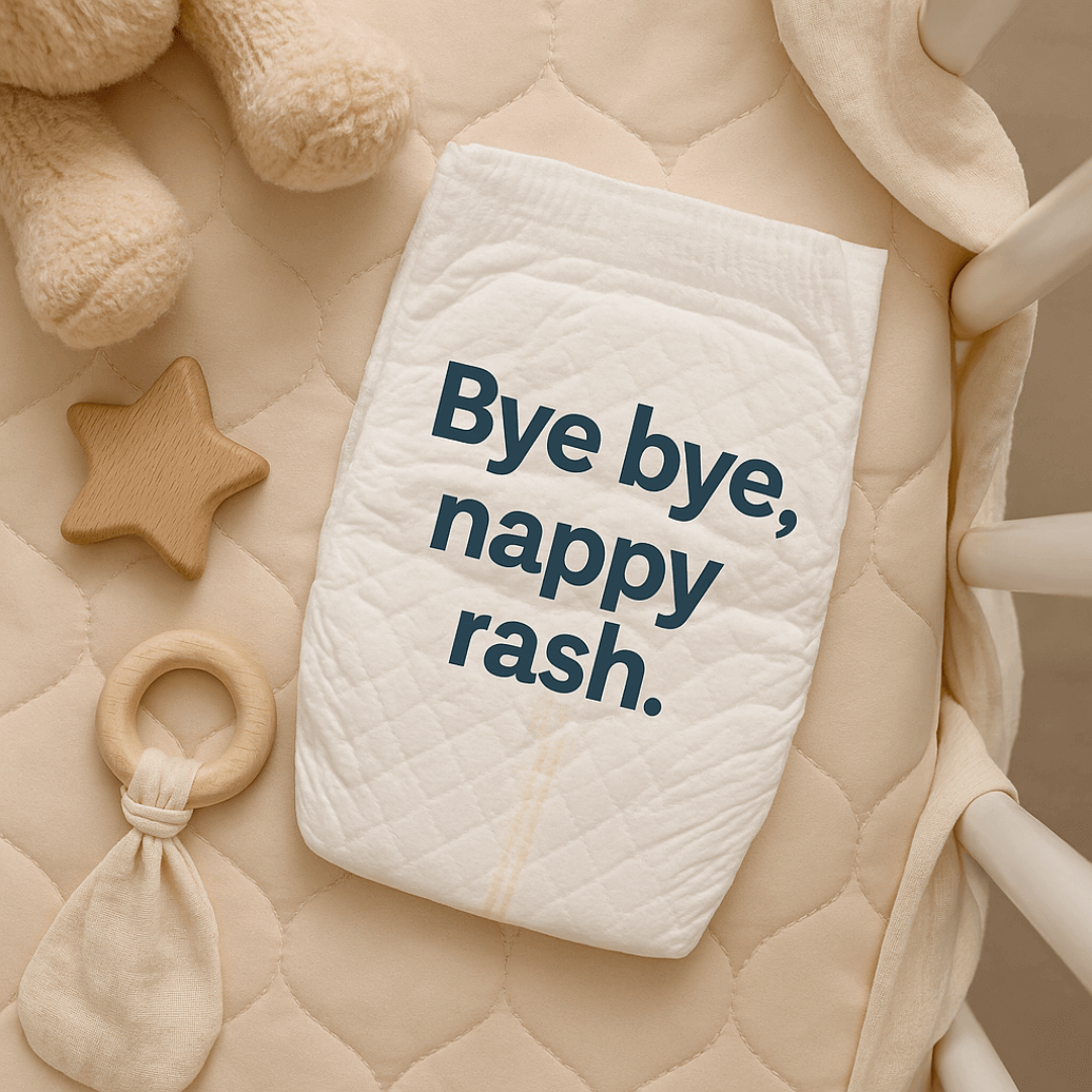 Eco-friendly bamboo nappy with "Bye Bye Nappy Rash" text overlay – gentle, breathable protection for baby’s skin.