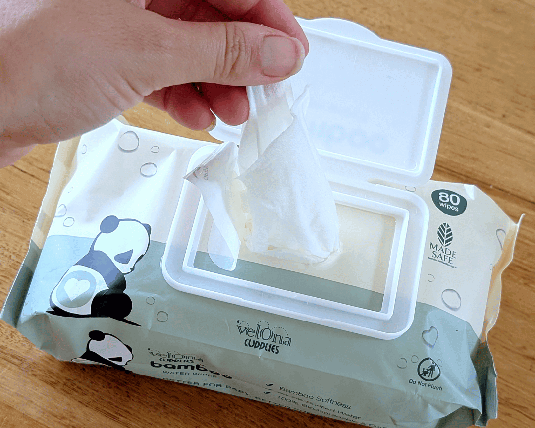 Cuddlies Bamboo Water Wipes open pack with resealable lid