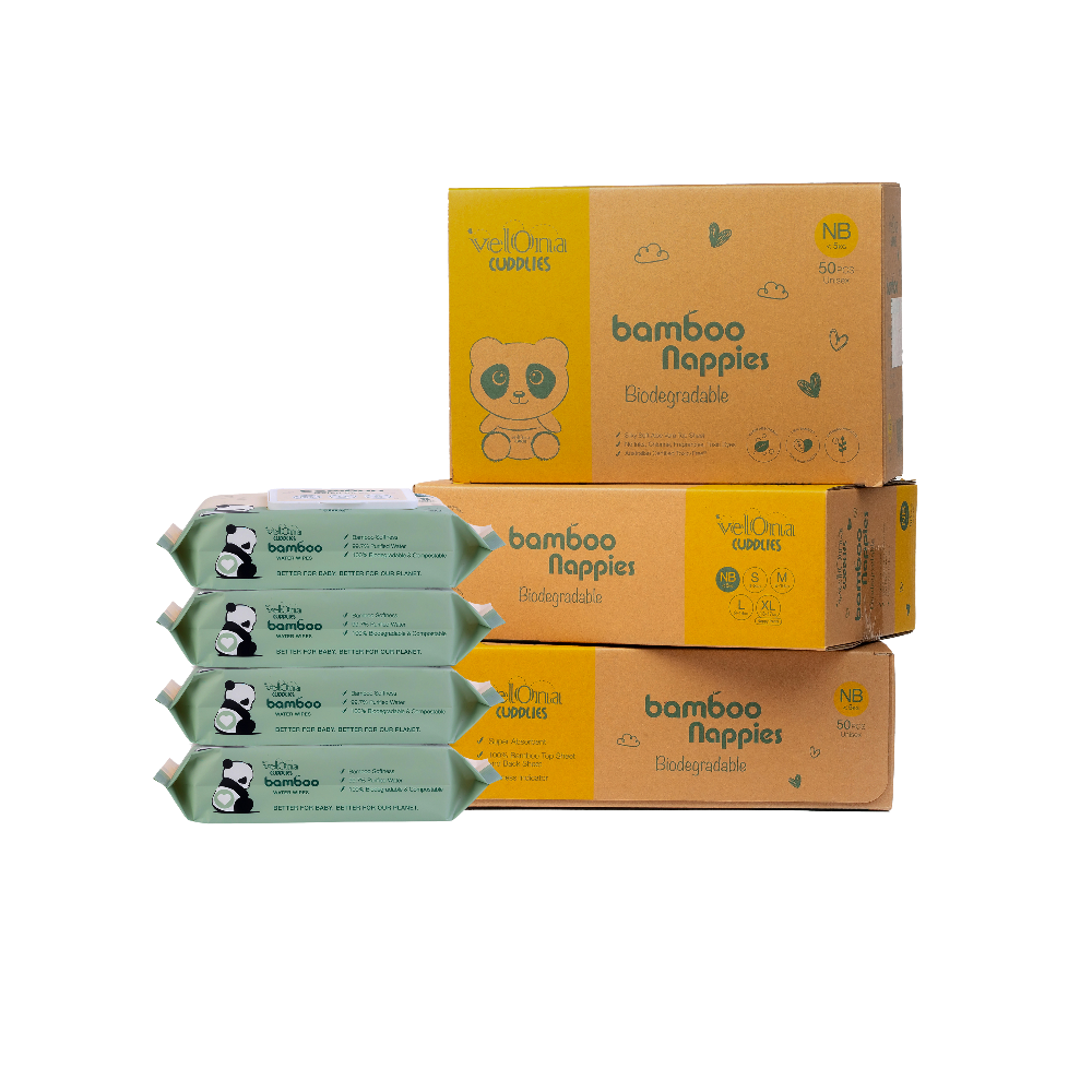 Cuddlies 3 pack nappies and 4 pack wipes stacked
