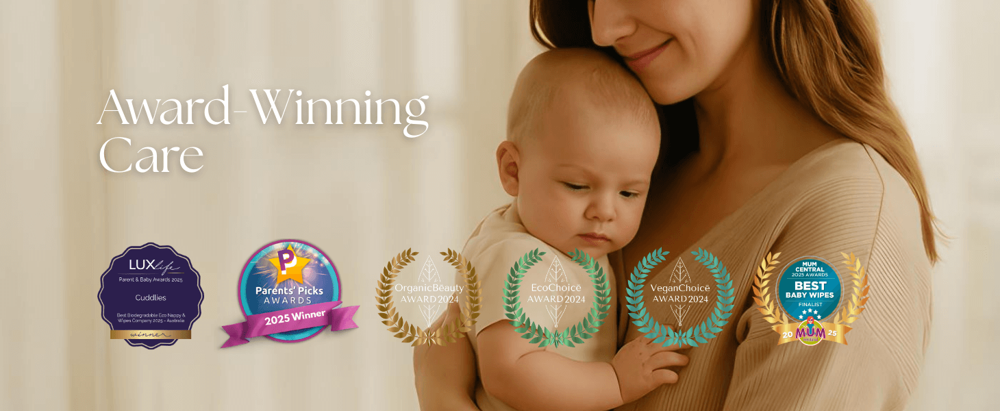 Award-winning Cuddlies nappies and wipes with happy mum and baby