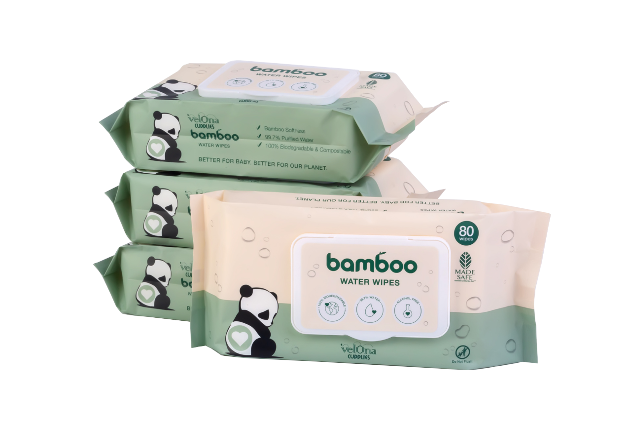 Cuddlies Bamboo Water Wipes 4 packs stacked and one front facing
