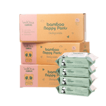 Nappy Subscription with Cuddlies Eco Nappy Pants and Wipes Bundle with three Nappy Size 5 pull up boxes stacked and 4 packs of Bamboo Organic Water Wipes