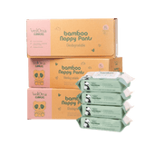 Nappy Subscription with Cuddlies Eco Nappy Pants and Wipes Bundle with three Nappy Size 5 pull up boxes stacked and 4 packs of Bamboo Organic Water Wipes