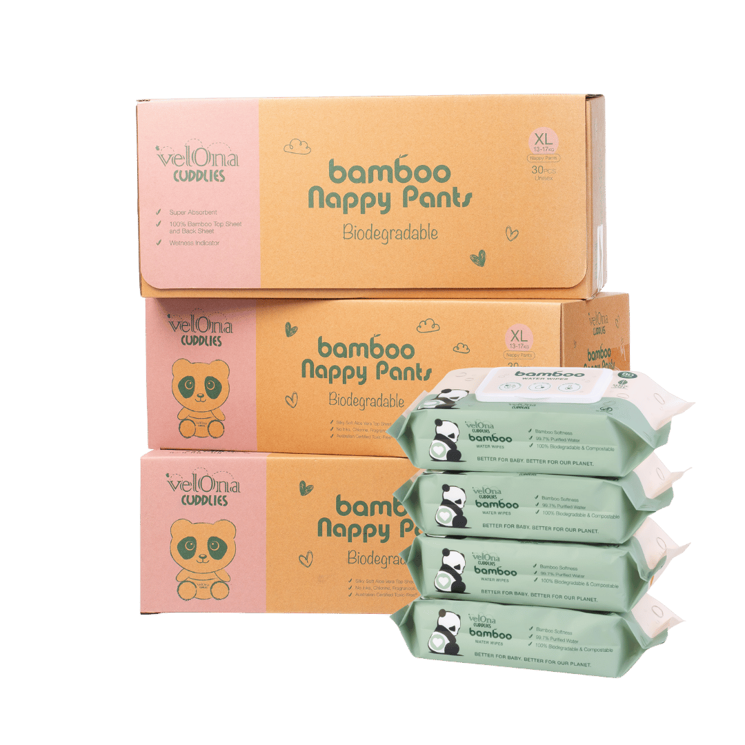 Cuddlies Bamboo Biodegradable Eco Nappy Pants and Wipes Subscription Bundle with three Nappy Size 5 pull up boxes stacked and 4 packs of Bamboo Organic Water Wipes