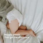 Cuddlies Size 5 nappy pants on baby – gentle on skin and great for active little ones