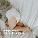 Cuddlies Size 5 nappy pants on baby – gentle on skin and great for active little ones