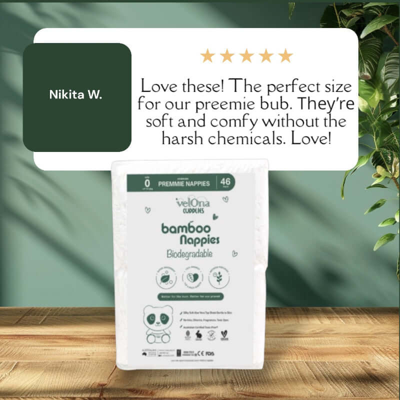 Preemie nappy pack on a table with a review