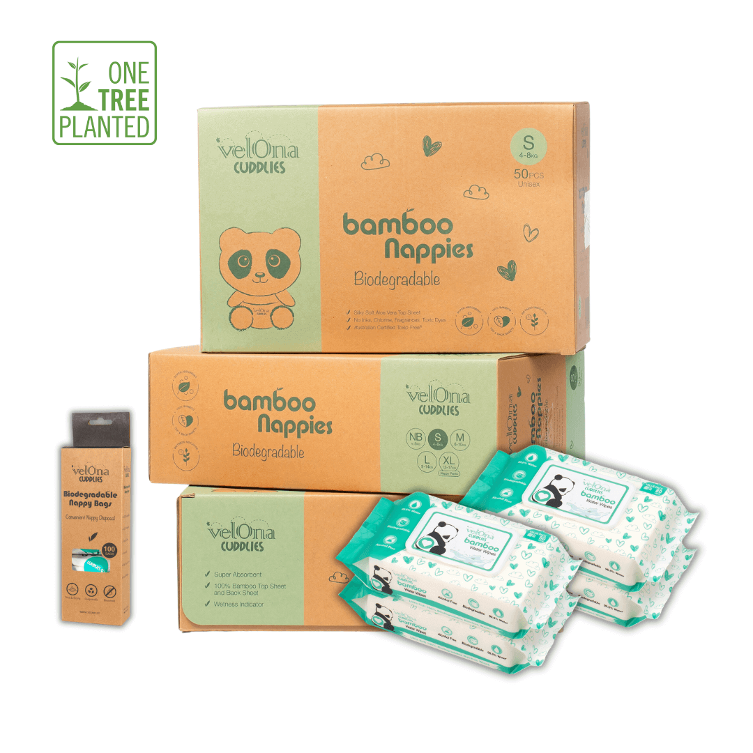 Cuddlies Nappy Subscription bundle with Bamboo Organic best eco Nappies in Australia and Bamboo Water Wipes and disposable nappy bags