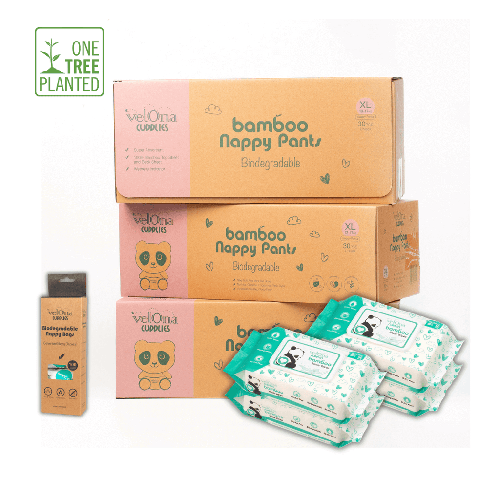 Cuddlies Nappy Pants Subscription bundle with Bamboo Organic best eco Nappies in Australia and Bamboo Water Wipes and disposable nappy bags